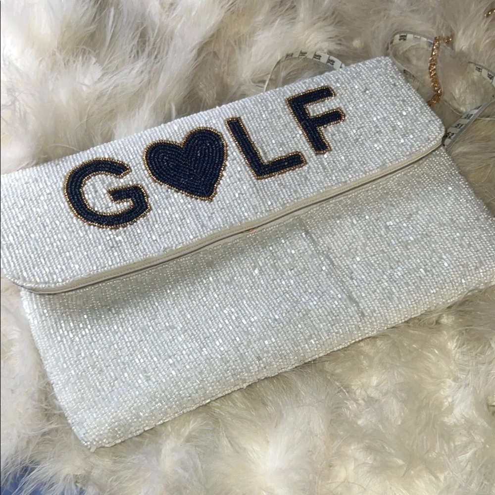 GOLF WIFEY New White & Blue Beaded Clutch Golfers Resort Country Club Vacation - Picture 3 of 16